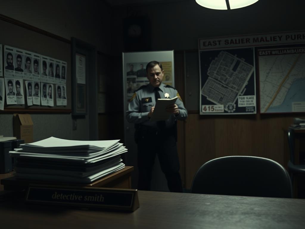 A dimly lit police station interior, with a desk in the foreground and a bulletin board in the background. On the desk, a stack of case files and a nameplate reading "Detective Smith". The bulletin board displays mugshots, crime scene photos, and a map of East Williamsburg. A uniformed officer stands in the middle ground, holding a clipboard and speaking to an unseen individual. The scene conveys a sense of tension and ongoing investigation, with dramatic chiaroscuro lighting casting shadows across the room. A dimly lit police station interior, with a desk in the foreground and a bulletin board in the background. On the desk, a stack of case files and a nameplate reading "Detective Smith". The bulletin board displays mugshots, crime scene photos, and a map of East Williamsburg. A uniformed officer stands in the middle ground, holding a clipboard and speaking to an unseen individual. The scene conveys a sense of tension and ongoing investigation, with dramatic chiaroscuro lighting casting shadows across the room.