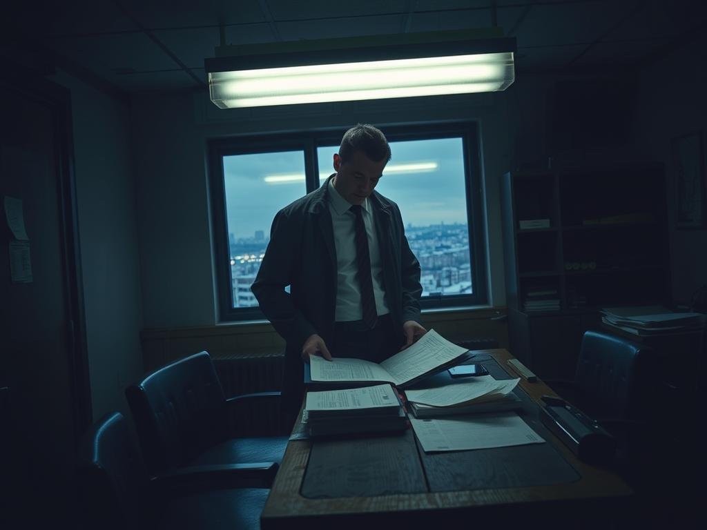 A dimly lit police station, the muted glow of fluorescent lights casting a somber tone. In the foreground, a detective stands pensively, examining case files spread across a weathered wooden desk. Shadows linger in the corners, hinting at the gravity of the situation. Through a window in the background, the distant cityscape of Long Island looms, a reminder of the ongoing investigation and the community impacted by the events. The atmosphere is one of cautious deliberation, as the detective contemplates the next steps in bringing justice to light.