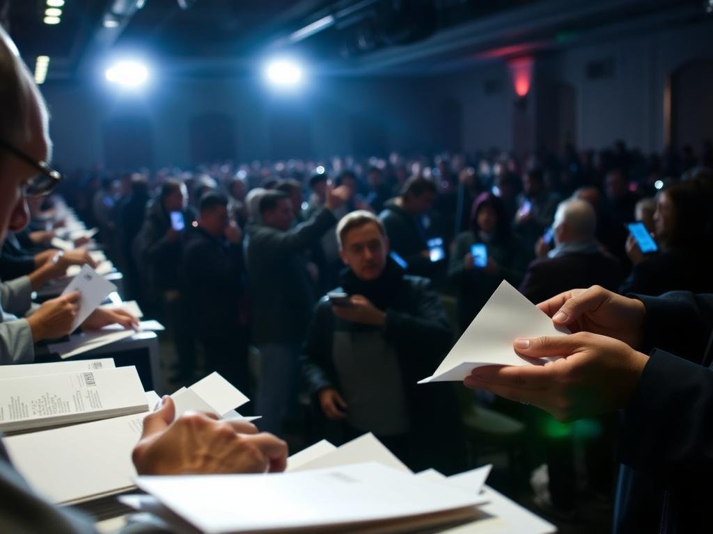 A dimly lit room, the air thick with anticipation as election officials meticulously count ballots under the glare of television cameras. In the foreground, a close-up of hands carefully unfolding and examining each envelope, their movements deliberate and focused. In the middle ground, a sea of people gathered, their faces illuminated by the glow of smartphone screens as they watch the proceedings with rapt attention. The background is a hazy blur of activity, with the occasional flash of a camera or the murmur of voices. The overall mood is one of tension and uncertainty, with a sense of the weight of the moment hanging in the air.