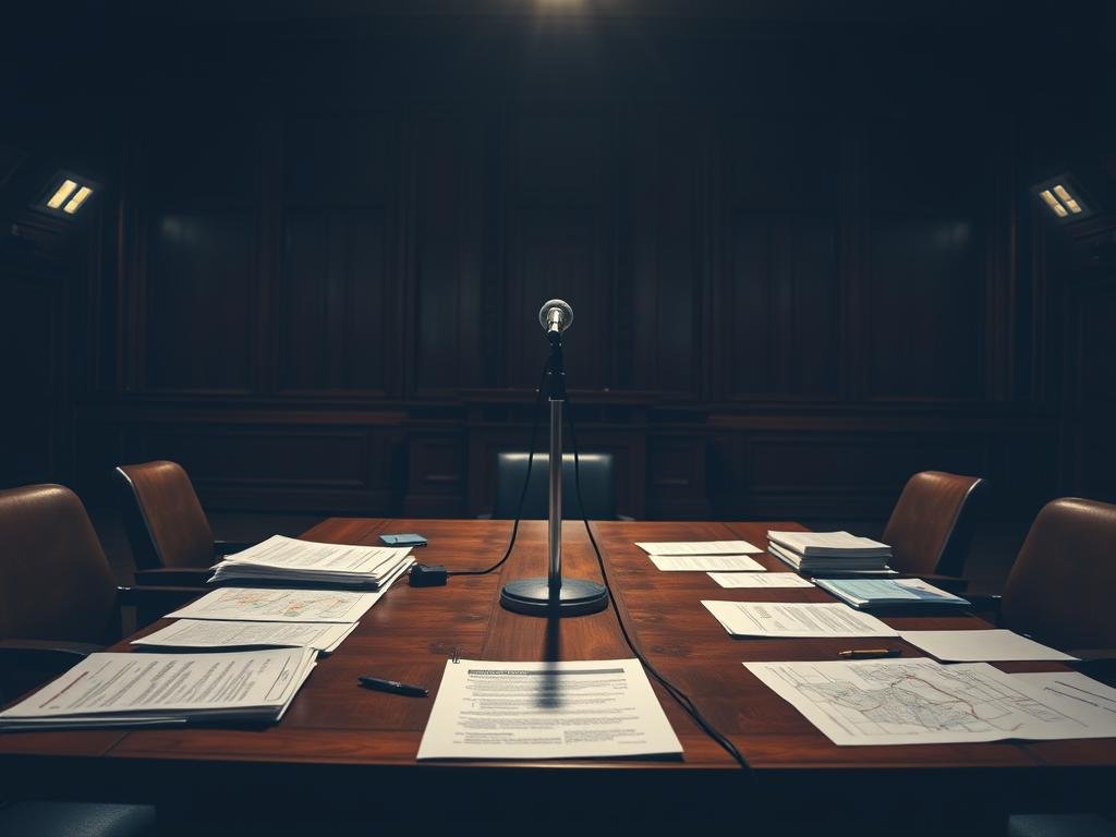 A dimly lit room, the air thick with anticipation. On a wooden table, a collection of policy documents, maps, and notes lie arranged in an orderly fashion. In the center, a microphone stands tall, a symbol of the impending debate. The lighting casts a warm, focused glow, drawing the viewer's attention to the key policy platforms that will shape the discussion. The scene exudes a sense of gravity and importance, hinting at the weight of the decisions that will be made.