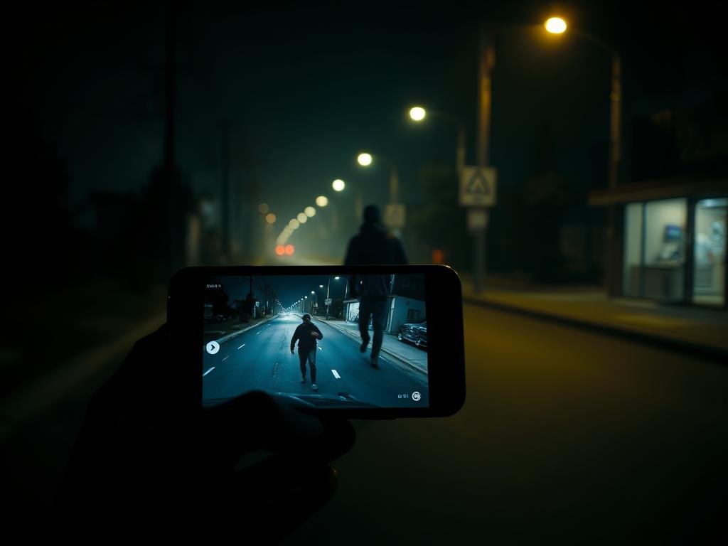 A dimly lit street at night, a smartphone in the foreground displaying a speeding video, with a figure in the distance escaping the scene of a break-in. The image has a gritty, cinematic feel, with high contrast and dramatic lighting, evoking the connection between online reckless behavior and alleged criminal activities. The scene is captured from a low angle, creating a sense of tension and unease. The background is hazy, with blurred streetlights and buildings, emphasizing the focus on the central elements.