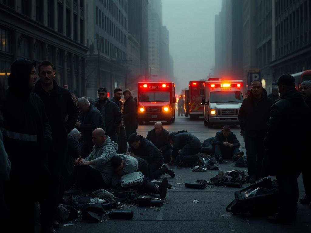 A dimly lit street in Midtown Manhattan, the aftermath of a tragic incident. In the foreground, a group of people tending to the injured, their faces etched with concern. Debris and overturned objects litter the ground, a reminder of the chaos that unfolded. In the middle ground, emergency vehicles with flashing lights, their sirens cutting through the somber atmosphere. The background is shrouded in a hazy, melancholic light, capturing the sense of community anguish and the weight of the situation. The scene conveys a palpable sense of human vulnerability, the fragility of life, and the resilience of the human spirit in the face of adversity.