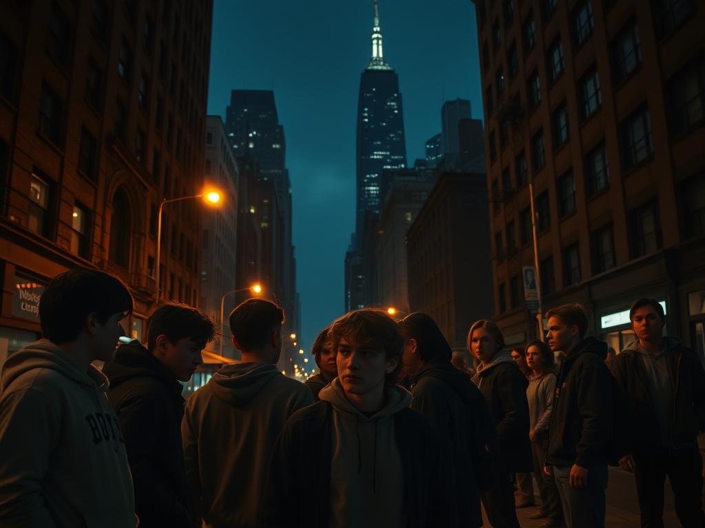 A dimly lit street in New York City, the air heavy with a sense of unease. In the foreground, a group of young people, their faces partially obscured, gather around a makeshift meeting spot. Their body language suggests an air of confidence, even bravado, as they plot their next move. In the middle ground, other teens, some looking apprehensive, others defiant, stand watch, ready to sound the alarm at the first sign of trouble. In the background, the towering buildings of the city loom, casting long shadows that seem to swallow the scene. The lighting is moody, with a warm amber glow from streetlamps mingling with the cool blue tones of the night sky. The overall tone is one of tension and danger, hinting at the complex and often perilous world these young recruits are navigating.