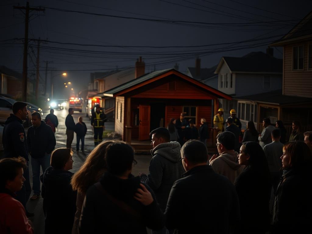 A dimly lit street in a working-class neighborhood, with a modest, charred house in the center. Neighbors gather around, their faces etched with sorrow and concern. In the foreground, a group of people comfort each other, huddled together, their expressions conveying the weight of the tragedy. The middle ground shows emergency responders and volunteers, providing aid and support to displaced families. In the background, the faint glow of flashing lights and the silhouettes of buildings hint at the broader community's involvement. The overall scene is one of solemn solidarity, as the neighborhood comes together to navigate the aftermath of a devastating event.