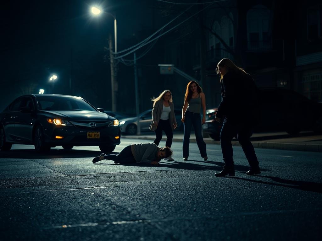 A dimly lit street in the Bronx, evening shadows cast long across the pavement. In the foreground, a black sedan with tinted windows, its engine idling. In the middle ground, three women - one on the ground, the other two engaged in a heated confrontation, faces twisted in rage. High-contrast lighting, dramatic angles, a sense of impending violence. The air thick with tension, the scene lit by the cool glow of streetlamps. A snapshot of a volatile moment, the legal consequences yet to unfold.