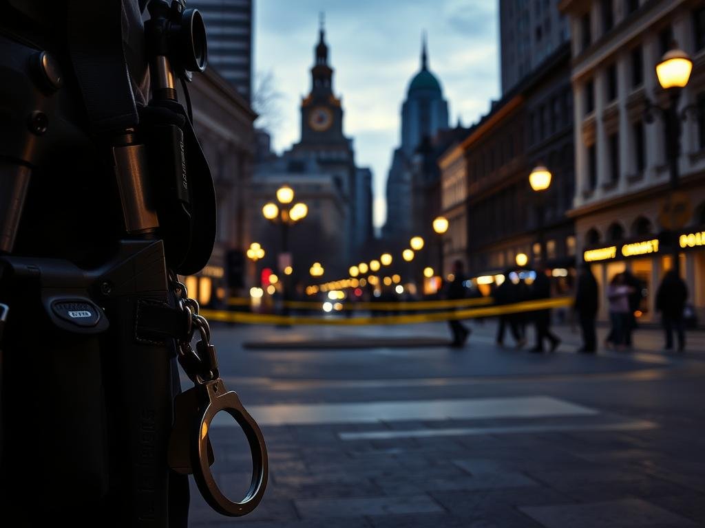 A dimly lit, urban street scene in the evening. In the foreground, an array of law enforcement equipment and paraphernalia, including a holstered handgun, handcuffs, and a police radio. In the middle ground, a cordoned-off area with yellow caution tape, hinting at the recent presence of a security incident. The background features the iconic buildings and landmarks of Union Square, bathed in the warm glow of street lamps. The overall mood is one of tension and investigation, with a sense of the gravity and complexity of the situation at hand. A dimly lit, urban street scene in the evening. In the foreground, an array of law enforcement equipment and paraphernalia, including a holstered handgun, handcuffs, and a police radio. In the middle ground, a cordoned-off area with yellow caution tape, hinting at the recent presence of a security incident. The background features the iconic buildings and landmarks of Union Square, bathed in the warm glow of street lamps. The overall mood is one of tension and investigation, with a sense of the gravity and complexity of the situation at hand.