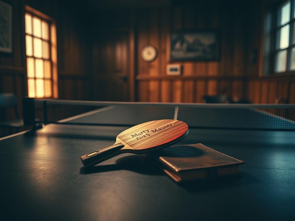 A dimly-lit, vintage table tennis table sits in a cozy, wood-paneled room. On the table, an old-fashioned ping pong paddle labeled "Marty Mauser" rests next to a worn, leather-bound notebook. The room is bathed in a warm, sepia-toned light, evoking a nostalgic, bygone era. The atmosphere is contemplative, hinting at the rich history and legacy of the legendary player, Marty Reisman, who inspired the "Marty Supreme" persona. The composition is framed with a slight, cinematic tilt, drawing the viewer's eye to the central elements and evoking a sense of intrigue and exploration.