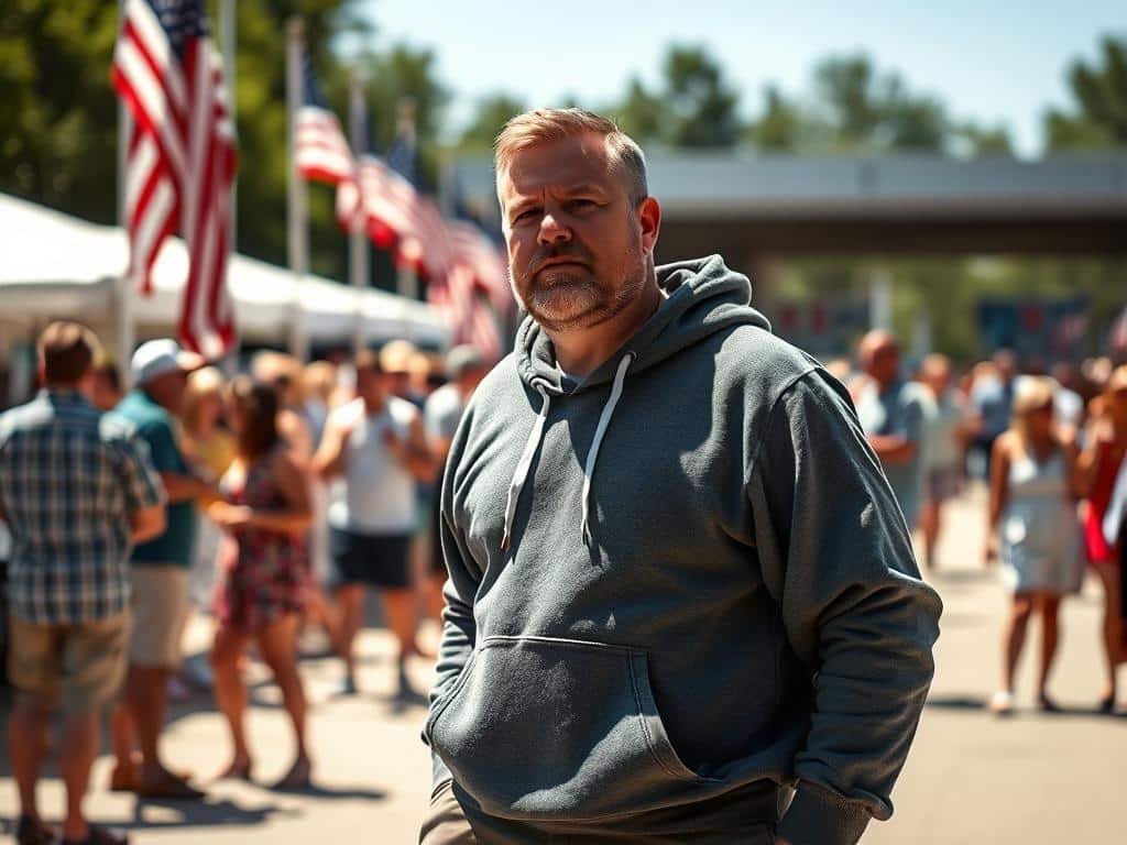 A distinguished U.S. senator, resembling John Fetterman, is standing confidently in a casual hoodie and shorts, showcasing a modern and relatable approach to politics. His expression is thoughtful, emanating a sense of determination and approachability. The foreground captures him from a waist-up perspective, highlighting the unique outfit against a blurred backdrop of a bustling, outdoor event with flags and people gathered in cheerful discussion. The lighting is bright and natural, indicative of a sunny day, casting soft shadows that enhance his casual appearance. The atmosphere is vibrant and energetic, reflecting social media's dynamic reaction to his outfit choice, blending professionalism with a refreshing informality.