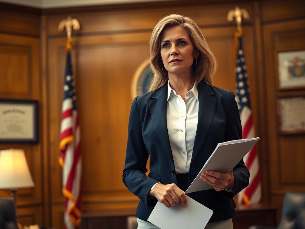 A distinguished woman in a crisp white button-up shirt and navy blue blazer stands confidently, papers in hand, in a wood-paneled office. Warm, directional lighting illuminates her determined expression as she prepares to prosecute a case. In the background, an American flag and framed diplomas from her prestigious educational institutions hint at her formidable legal expertise and commitment to public service. The scene evokes a sense of professionalism, authority, and a career dedicated to upholding justice.