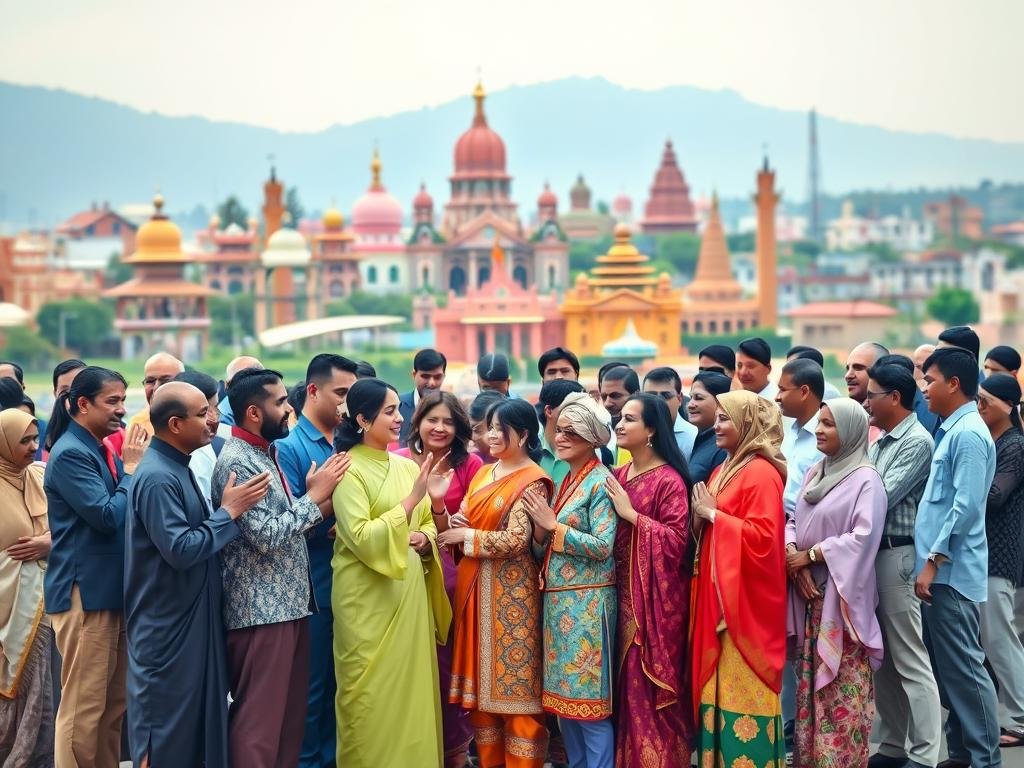 A diverse array of people from various cultures and backgrounds, standing together in a vibrant, multicolored setting. In the foreground, individuals gesture animatedly while exchanging greetings, their expressions conveying warmth and connection. The middle ground features a tapestry of traditional dress, from flowing robes to intricate embroidered garments, representing the rich diversity of global traditions. In the background, a kaleidoscope of architectural styles and landscapes, ranging from ornate temples to modern cityscapes, creates a visually captivating and inclusive tableau. Soft, diffused lighting casts a harmonious glow, evoking a sense of unity and shared humanity. A diverse array of people from various cultures and backgrounds, standing together in a vibrant, multicolored setting. In the foreground, individuals gesture animatedly while exchanging greetings, their expressions conveying warmth and connection. The middle ground features a tapestry of traditional dress, from flowing robes to intricate embroidered garments, representing the rich diversity of global traditions. In the background, a kaleidoscope of architectural styles and landscapes, ranging from ornate temples to modern cityscapes, creates a visually captivating and inclusive tableau. Soft, diffused lighting casts a harmonious glow, evoking a sense of unity and shared humanity.