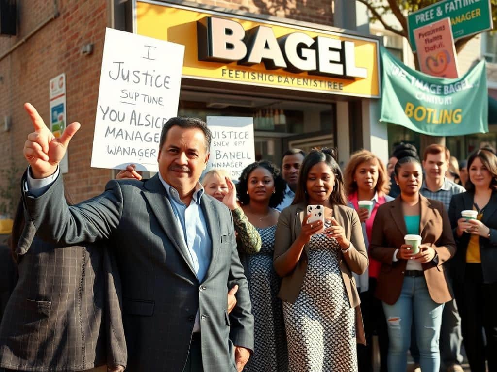 A diverse group of community members standing together in solidarity outside a bagel shop, demonstrating their support for a detained manager. In the foreground, a middle-aged Latino man in a professional blazer gestures passionately while holding a sign advocating for justice. Beside him, a young Black woman in a modest dress captures the moment with her smartphone, her expression determined. The middle ground features others of various ethnic backgrounds sharing stories, some holding coffee cups and wearing mix of casual and business attire, symbolizing unity. In the background, the bagel shop is visible, and colorful banners expressing support decorate the street. Warm afternoon sunlight bathes the scene, casting soft shadows, creating an uplifting and hopeful atmosphere. The angle is slightly elevated to capture both the crowd and the colorful shop, emphasizing community engagement and resilience.