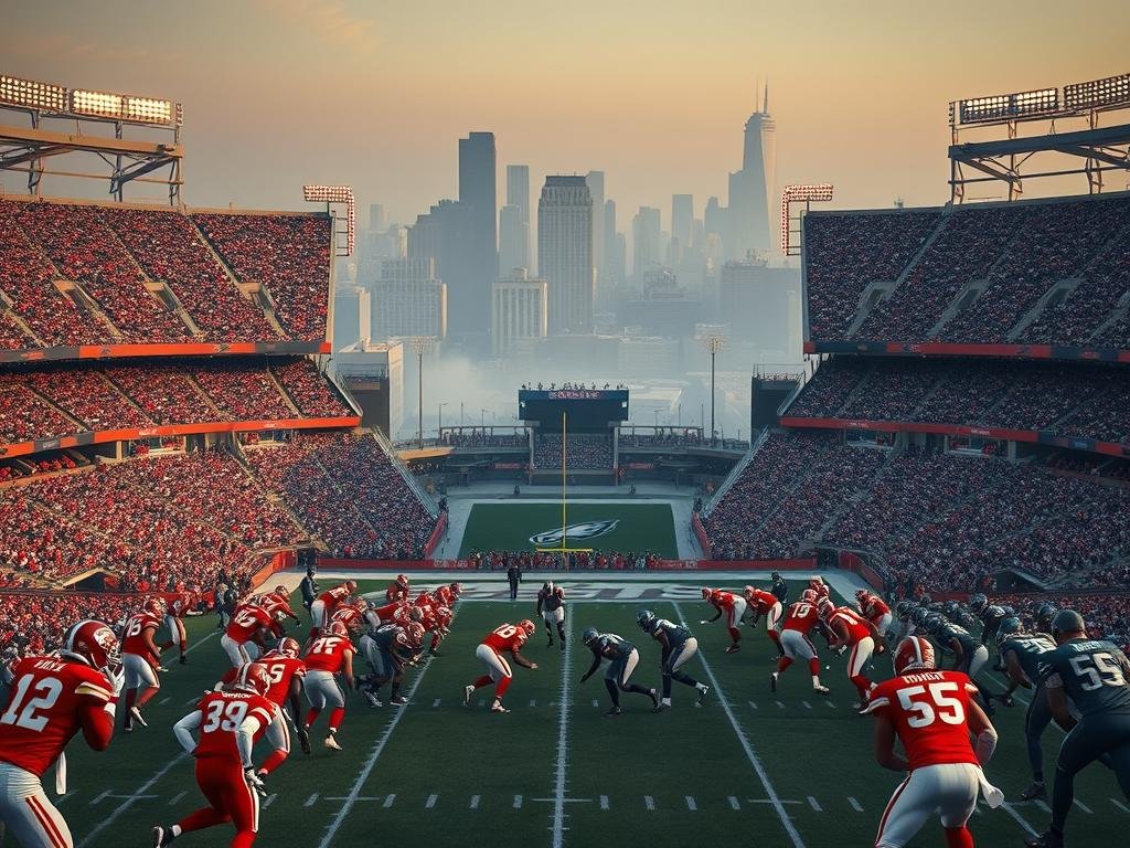 A dramatic aerial view of the Chiefs and Eagles football teams facing off on a meticulously rendered stadium field. The foreground features the players in action, their uniforms and equipment detailed with precision. The middle ground showcases the stadium's architecture, with a classic brick facade and towering scoreboards. The background encompasses the city skyline, hazy with the evening light, emphasizing the high-stakes nature of the impending matchup. Cinematic lighting and a sense of anticipation permeate the scene, capturing the essence of a historic rematch between these two powerhouse franchises.