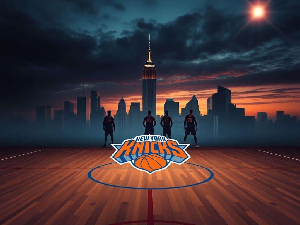 A dramatic scene illustrating the essence of the New York Knicks' journey through the Eastern Conference, with a focus on themes of competition and resilience. In the foreground, a stylized representation of a basketball court, featuring sleek hardwood textures and the iconic Knicks logo at center court. In the middle ground, silhouettes of players in dynamic poses, showcasing their determination and teamwork in professional uniforms. In the background, a vibrant cityscape of New York, with iconic skyscrapers like the Empire State Building under a moody twilight sky, casting deep shadows. Soft, ambient lighting enhances the evening atmosphere, while a lens flare highlights the excitement of the game. The overall mood is tense yet hopeful, capturing the essence of ambition and anticipation for what lies ahead.