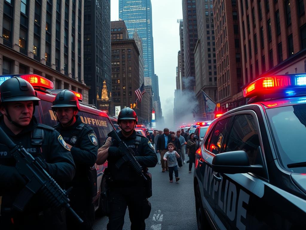 A dramatic scene unfolds in the heart of New York City as the NYPD responds to an active shooter alert. In the foreground, heavily armed officers take cover behind police vehicles, their faces intense with concentration. The middle ground is a chaotic mix of flashing sirens, billowing smoke, and panicked civilians fleeing the area. In the background, the iconic skyscrapers of Manhattan loom, their windows casting a somber, cinematic glow over the unfolding events. The atmosphere is tense, with a sense of heightened security and the potential for danger lurking around every corner. The image is captured through a wide-angle lens, conveying the scale and urgency of the situation. A dramatic scene unfolds in the heart of New York City as the NYPD responds to an active shooter alert. In the foreground, heavily armed officers take cover behind police vehicles, their faces intense with concentration. The middle ground is a chaotic mix of flashing sirens, billowing smoke, and panicked civilians fleeing the area. In the background, the iconic skyscrapers of Manhattan loom, their windows casting a somber, cinematic glow over the unfolding events. The atmosphere is tense, with a sense of heightened security and the potential for danger lurking around every corner. The image is captured through a wide-angle lens, conveying the scale and urgency of the situation.