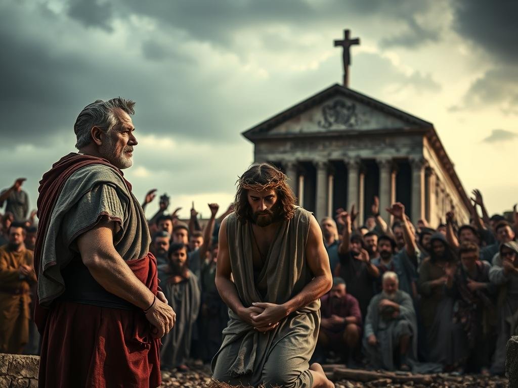 A dramatic scene unfolds under a somber, overcast sky. In the foreground, a stoic Roman centurion stands guard, his weathered face etched with grim determination. The subject, Jesus of Nazareth, kneels in the center, his hands bound, a crown of thorns upon his head. The middle ground is dominated by a jeering crowd, their expressions ranging from indignation to bloodlust. In the background, the imposing silhouette of the Roman governor Pontius Pilate presides over the proceedings, his face obscured by shadow. The lighting is dramatic, casting deep, ominous shadows that heighten the tension and gravity of the moment. The overall atmosphere is one of impending doom, a pivotal juncture in the unfolding historical narrative.