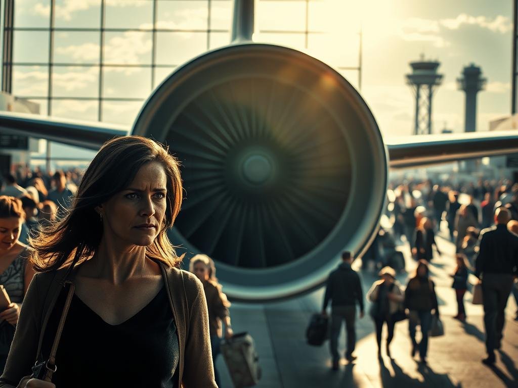 A dramatic timeline unfolds against the backdrop of a bustling airport terminal. In the foreground, a woman navigates the crowded scene, her expression tense and apprehensive. The middle ground features the looming silhouette of a jet engine, its powerful maw dominating the frame. Dramatic lighting casts long shadows, heightening the sense of impending danger. In the distance, the airport's control tower stands vigil, the scene unfolding under its watchful gaze. The overall mood is one of heightened tension and foreboding, capturing the critical moments leading up to a catastrophic engine ingestion incident.