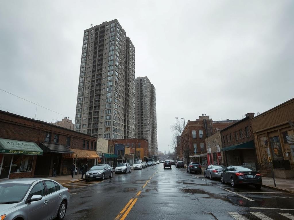 A dreary, overcast day in East Williamsburg, New York. The Cooper Park Houses, a complex of drab, gray public housing towers, stand tall against the muted sky. In the foreground, the Morgan Avenue Corridor bustles with a mix of small businesses, warehouses, and pedestrians navigating the uneven sidewalks. Parked cars line the street, their reflections distorted in the puddles left by a recent rain shower. The scene has a gritty, urban feel, with a sense of melancholy and the weight of everyday life in the city. A wide-angle lens captures the full scope of the neighborhood, emphasizing the scale of the architecture and the sense of isolation within the urban landscape. A dreary, overcast day in East Williamsburg, New York. The Cooper Park Houses, a complex of drab, gray public housing towers, stand tall against the muted sky. In the foreground, the Morgan Avenue Corridor bustles with a mix of small businesses, warehouses, and pedestrians navigating the uneven sidewalks. Parked cars line the street, their reflections distorted in the puddles left by a recent rain shower. The scene has a gritty, urban feel, with a sense of melancholy and the weight of everyday life in the city. A wide-angle lens captures the full scope of the neighborhood, emphasizing the scale of the architecture and the sense of isolation within the urban landscape.