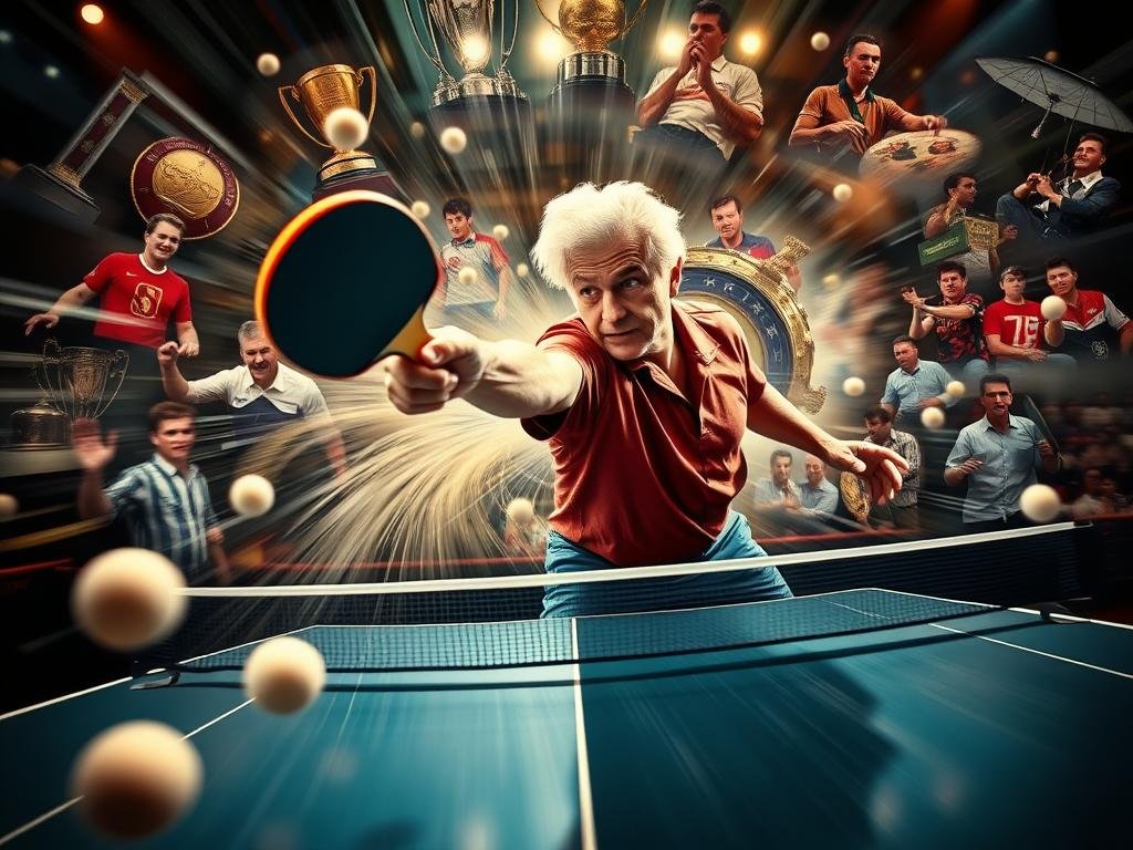 A dynamic action-packed scene showcasing the influential legacy of table tennis legend Marty Reisman. In the foreground, Reisman executes his signature "Marty Supreme" backhand smash, racket blurring with speed. Surrounding him, a swirling vortex of motion captures the intensity of his playing style - spinning balls, lightning-fast footwork, and a steely-eyed determination. In the background, a montage of iconic moments from Reisman's illustrious career, from championship trophies to innovative playing techniques that inspired generations of table tennis pros. The lighting is dramatic, with hard shadows and pools of warm light, emphasizing the drama and gravity-defying athleticism on display. Captured with a wide-angle lens to convey the grand scale of Reisman's impact on the sport.