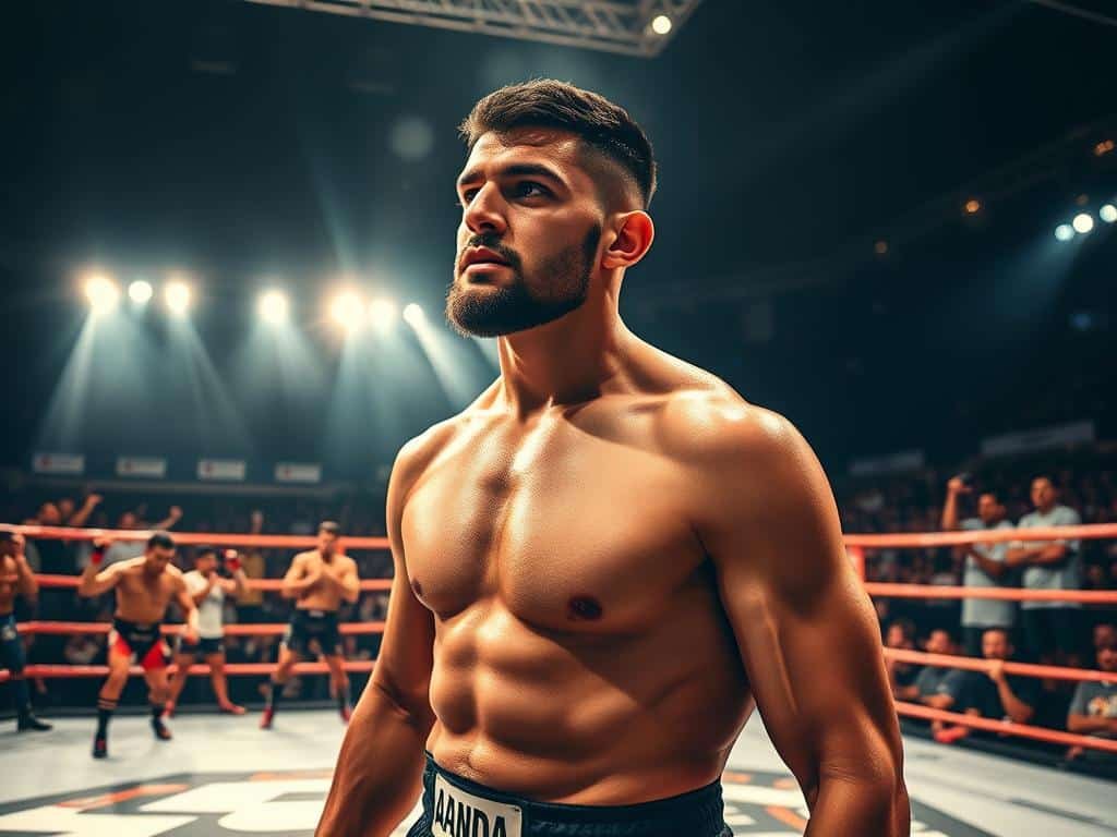 A dynamic image capturing the spirit of Islam Makhachev's journey through various weight classes in mixed martial arts. In the foreground, a determined Makhachev is depicted in the octagon, wearing a professional fighting attire, showcasing his muscular physique and intense focus. The middle ground features a timeline of his significant fights, represented as blurred action shots of him in motion against several opponents, symbolizing his progress and dedication. In the background, a roaring crowd holds banners in support, with arena lights illuminating the scene, casting dramatic shadows. The atmosphere conveys intensity and inspiration, with warm lighting enhancing the determination on Makhachev’s face. The perspective is slightly low, emphasizing Makhachev’s stature and achievements, creating a compelling visual narrative of his ascent in the sport.