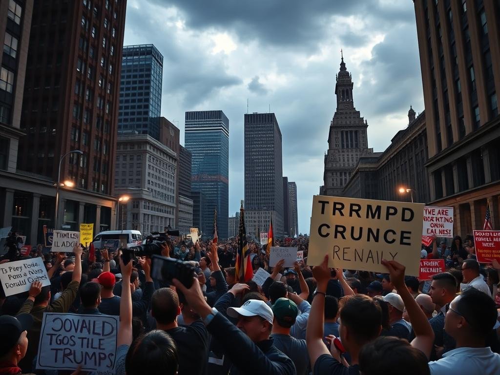 A dynamic public scene with a large crowd gathered in a city square, reacting passionately to the news of Donald Trump's surrender on felony charges. In the foreground, people hold signs and banners expressing a range of emotions - some in support, others in protest. In the middle ground, a podium is set up with camera crews and journalists, capturing the unfolding narrative. The background is framed by towering skyscrapers and a cloudy, dramatic sky, conveying a sense of tension and high stakes. Dramatic lighting casts long shadows, adding to the sense of gravity and significance. The overall atmosphere is one of intense public interest, fundraising efforts, and the shaping of a pivotal historical moment.