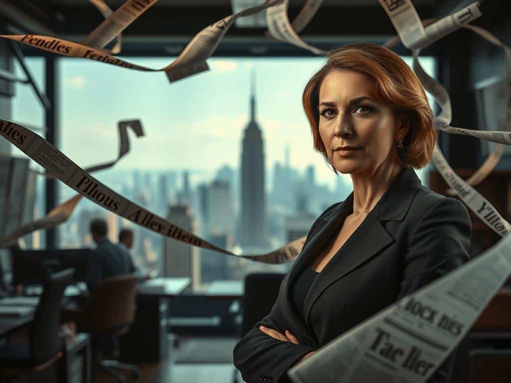 A dynamic scene capturing the essence of media influence and moral complexity, centered around a figure representing empowerment and introspection. In the foreground, a woman in her 40s, dressed in elegant professional attire, confidently gazes towards the viewer, exuding strength and resolve. Ribbons of newspaper headlines swirl around her, symbolizing the intertwined nature of media and personal narratives. In the middle ground, a blurred NYC skyline looms, suggesting the bustling and often chaotic backdrop of the city, while soft but dramatic lighting casts shadows that enhance the mood of contemplation. In the background, hints of a vintage newsroom evoke a sense of history and societal scrutiny. The atmosphere is both thought-provoking and evocative, reflecting themes of power, morality, and the media's role in personal stories, captured from a slightly low angle to emphasize the woman’s stature.