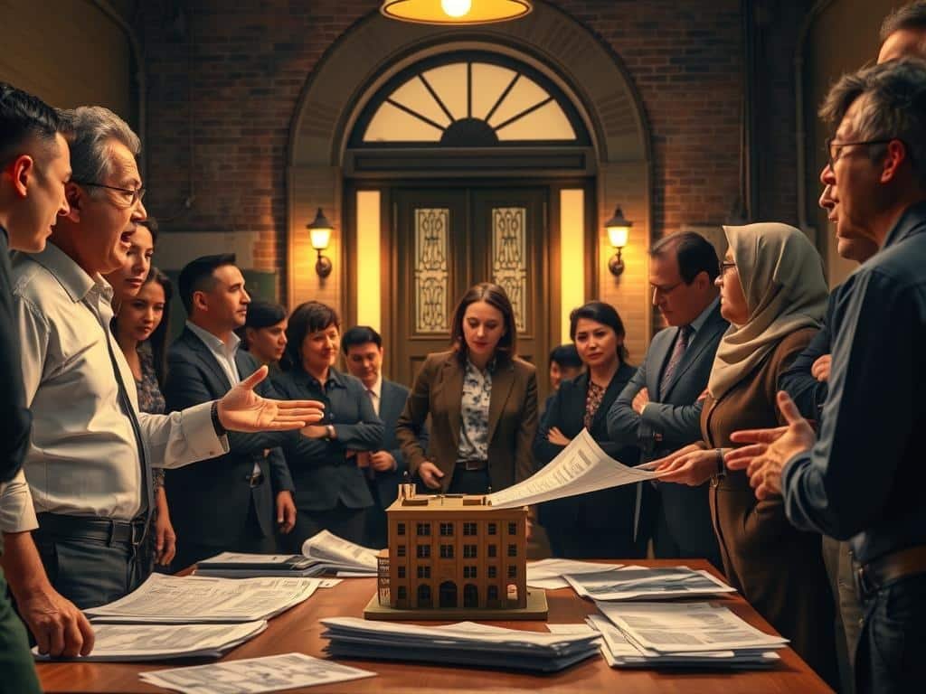 A dynamic scene illustrating a group of diverse individuals engaged in a heated discussion, capturing the motivations and disputes surrounding the expansion of the 770 building. In the foreground, a middle-aged man in professional attire gestures passionately, while a female architect in modest business wear reviews blueprints. The middle ground features a table scattered with documents and a model of the building. In the background, the entrance to the Brooklyn synagogue can be seen, highlighted by warm, ambient lighting that conveys a sense of urgency and determination. The atmosphere is tense yet hopeful, with shadows adding depth to the scene, suggesting a pivotal moment in a community conversation about development. The image should be captured from a slightly elevated angle, enhancing the focus on the group dynamic.