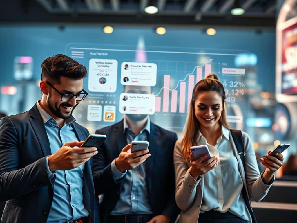 A dynamic social media scene illustrating the impact of influencer amplification and social proof. In the foreground, a diverse group of three professionals, two men and one woman, dressed in smart casual attire, actively engaging with their smartphones, sharing content with visible excitement. In the middle ground, a stylized digital interface displays social media feeds, notifications, and graphs showing rising donation figures, creating a sense of urgency and engagement. The background features a soft-focus cityscape, suggesting a connected and modern environment, illuminated with warm, inviting lights that create an uplifting atmosphere. The image captures the mood of enthusiasm and interaction, emphasizing the theme of collective influence through technology. Use a wide-angle perspective to enhance depth.