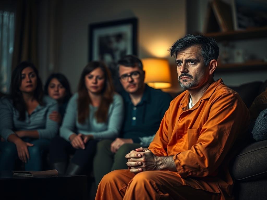 A family gathered in a dimly lit living room, faces etched with concern. In the foreground, a figure in an orange jumpsuit sits wearily, hands clasped, contemplating the aftermath of a difficult sentencing. Surrounding them, a sense of unease and uncertainty lingers, as they grapple with the implications of supervision, restitution, and the profound impact on their relationships. Soft, warm lighting casts a melancholic glow, while the background fades into a blurred, introspective atmosphere, reflecting the complex emotions of this pivotal moment in their lives.