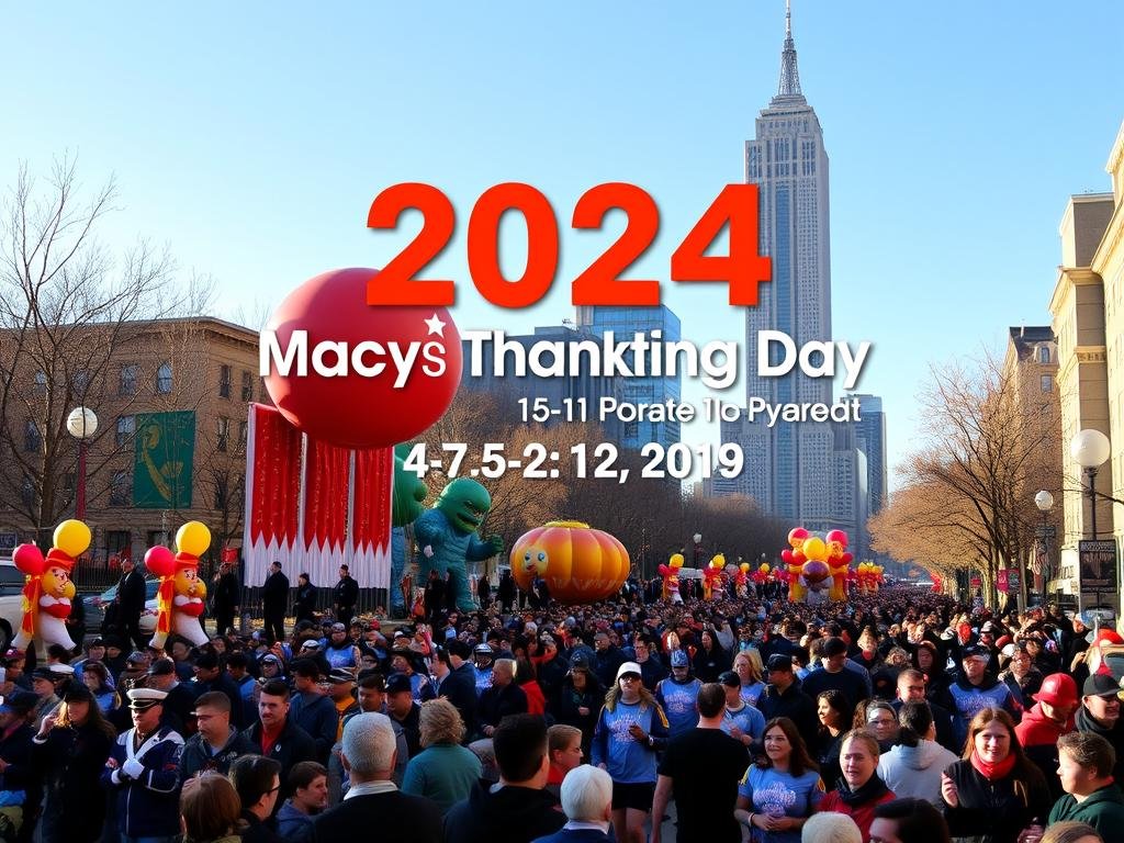 A festive parade scene with a vibrant backdrop showcasing the official date, start time, and end time of the 2024 Macy's Thanksgiving Day Parade. The foreground features a grand procession of colorful balloons, marching bands, and costumed performers. The middle ground captures the excitement of the crowd, their faces lit by the warm glow of the autumn sun. In the background, a towering skyscraper skyline sets the urban stage, complemented by a crisp, clear sky. The overall composition conveys the grandeur and anticipation of this annual holiday tradition.
