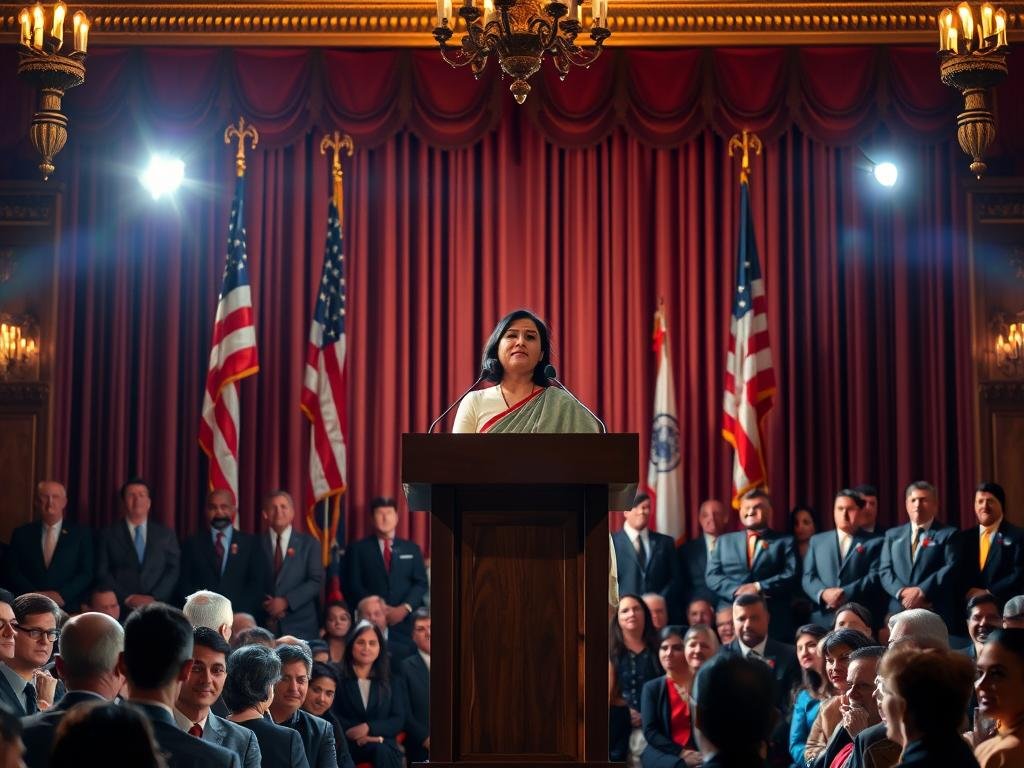 A formal inauguration ceremony of Usha Vance, the wife of JD Vance, as the first Indian American Second Lady. A majestic stage adorned with American flags and ornate decor, bathed in warm lighting. Usha, wearing a graceful sari, stands at the podium, delivering a speech with poise and dignity. Around her, a crowd of distinguished guests observe the historic moment, their faces alight with pride and respect. The atmosphere is one of pride, unity, and a sense of progress in American politics. The composition emphasizes Usha's presence, framed by the imposing backdrop, creating a powerful, symbolic image.