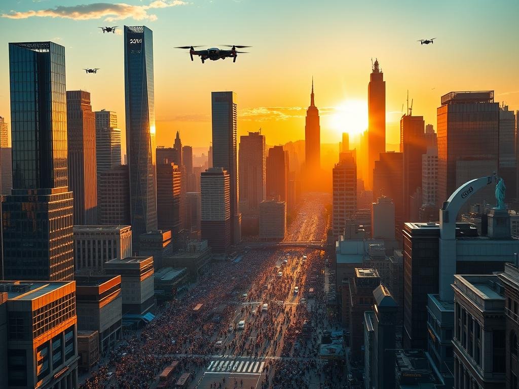 A futuristic cityscape of New York City in 2025, bathed in a warm, golden glow of the setting sun. The skyline is dominated by towering skyscrapers, their sleek, modern architecture reaching towards the sky. In the foreground, bustling streets teeming with crowds of people, each going about their business in the dynamic urban landscape. Overhead, aerial vehicles and drones dart between the buildings, while the city's iconic landmarks, such as the Empire State Building and the Statue of Liberty, stand proud in the distance. The image conveys a sense of a rapidly growing, vibrant metropolis, capturing the essence of New York City's continued expansion and evolution in the years to come.