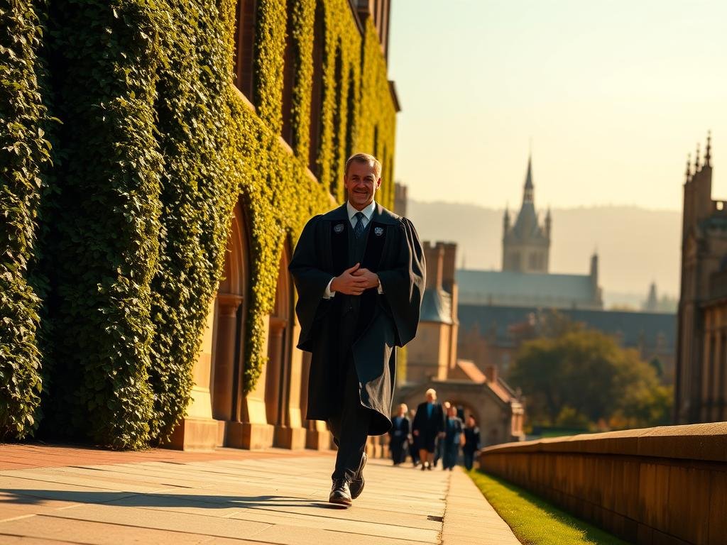 A grand academic procession through the hallowed halls of Yale and Cambridge. In the foreground, a dignified figure strides purposefully, academic robes flowing, symbolizing the esteemed journey from undergraduate studies to the prestigious Yale Law School. The middle ground reveals the iconic ivy-clad facades of the renowned universities, their timeless architecture bathed in warm, golden light. In the distance, a hazy skyline of steeples and spires hints at the intellectual legacy these institutions have cultivated over centuries. Imbued with a sense of scholarly tradition and intellectual rigor, this image captures the essence of an academic life well-lived.