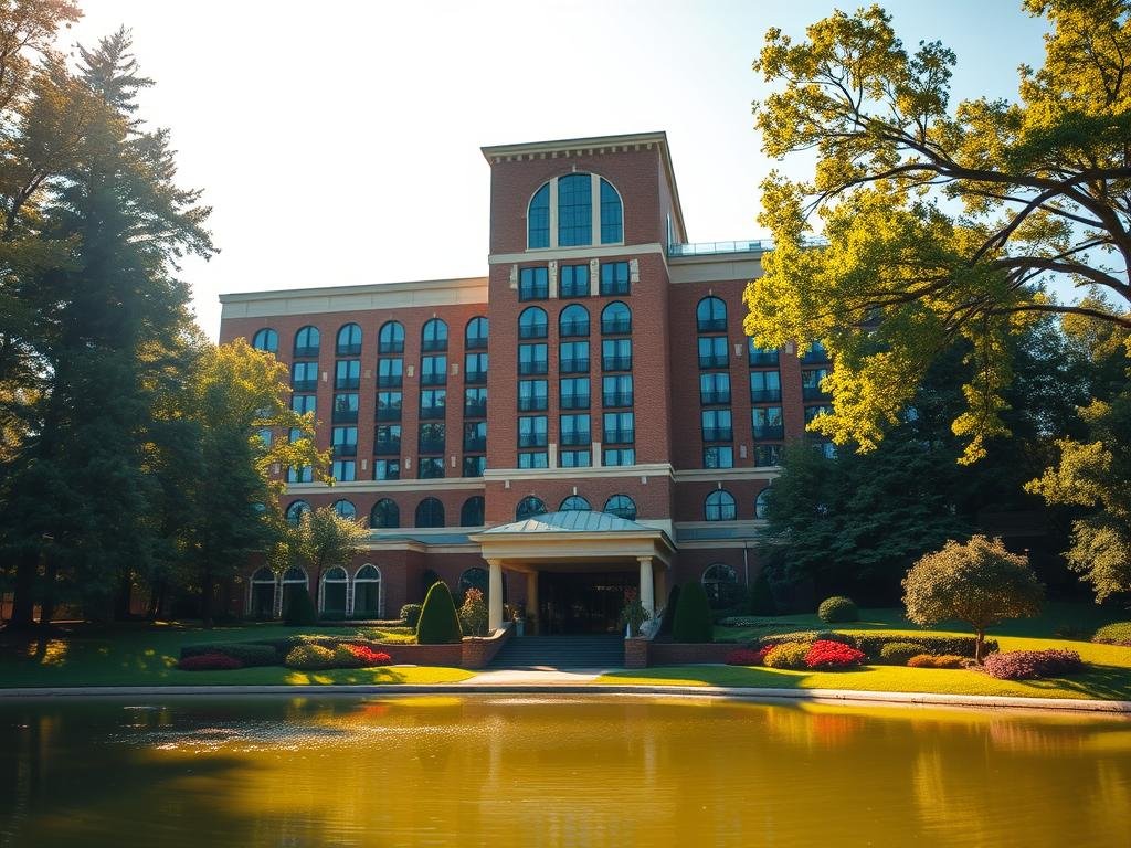 A grand, brick-faced Sheraton hotel nestled in the lush, verdant landscape of Mahwah, New Jersey. The building stands tall, its elegant facade adorned with arched windows and a striking porte-cochere. Sunlight filters through the trees, casting warm, golden hues across the well-manicured grounds. In the foreground, a tranquil pond reflects the hotel's regal silhouette. The atmosphere exudes a sense of timeless sophistication and hospitality, inviting guests to experience the pinnacle of luxury accommodation. Crisp, high-resolution photography captures the scene with a cinematic, almost nostalgic quality, preserving the iconic Sheraton Mahwah in its prime.