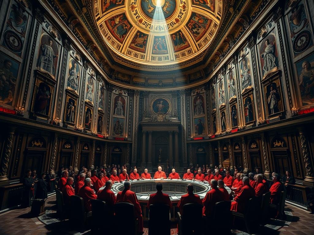 A grand cathedral interior, the walls adorned with ornate religious symbols. In the center, a circular table where red-robed cardinals sit in solemn deliberation, their faces partially obscured by shadow. Overhead, a domed ceiling with intricate frescoes and a single beam of light shining down, illuminating the proceedings. The atmosphere is one of reverence and intrigue, as the cardinals engage in the sacred ritual of electing a new Pope. The scene conveys the gravity and mysticism of the Papal Conclave, a pivotal moment in the history of the Catholic Church.