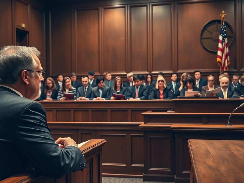 A grand jury courtroom scene, focused on a wooden jury box filled with solemn jurors dressed in professional business attire. In the foreground, a distinguished judge sits at the bench, highlighting the seriousness of the proceedings. The middle ground features a tense atmosphere as a prosecutor gestures emphatically, presenting documents related to the indictment, while an attentive audience listens intently. In the background, a large American flag drapes on the wall, symbolizing justice. The lighting is dramatic, with warm tones illuminating the judge's bench, creating a sense of urgency and gravity. The composition captures the weight of legal action in a somber yet compelling manner, evoking the mood of accountability and consequence.