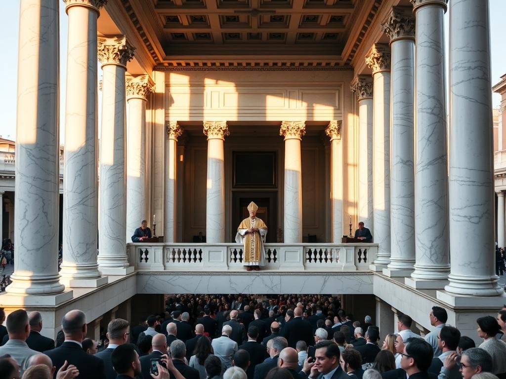 A grand marble balcony, the Loggia of St. Peter's, overlooking the expansive St. Peter's Square. Ornate columns frame the scene, casting dramatic shadows in the late afternoon light. A group of clergy in ornate vestments gathers at the center, solemnly awaiting the moment to deliver the historic announcement. The crowd below, a sea of faithful, hushed in anticipation. The air is charged with a palpable sense of reverence and anticipation. Capture the grandeur, the ceremony, and the gravity of this pivotal moment in the life of the Catholic Church.