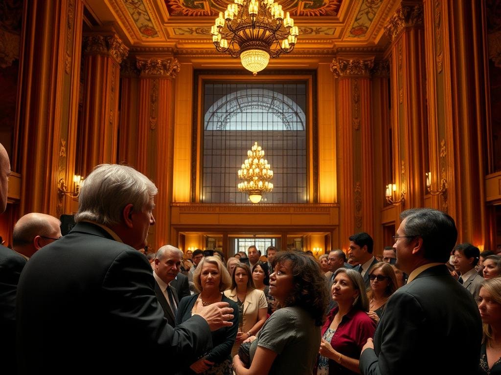 A grand, ornate lobby of the historic Roosevelt Hotel in New York City, bathed in warm, golden lighting. In the foreground, a group of people engaged in animated political discourse, gesturing passionately. In the middle ground, a diverse crowd of individuals observing the scene, some nodding in agreement, others wearing expressions of skepticism. The background reveals the hotel's iconic architecture, with towering columns and intricate details, hinting at the layers of history and competing perspectives that converge within its walls. An atmosphere of lively debate and contrasting viewpoints, capturing the dynamics of politics, public opinion, and the potential for misconceptions.