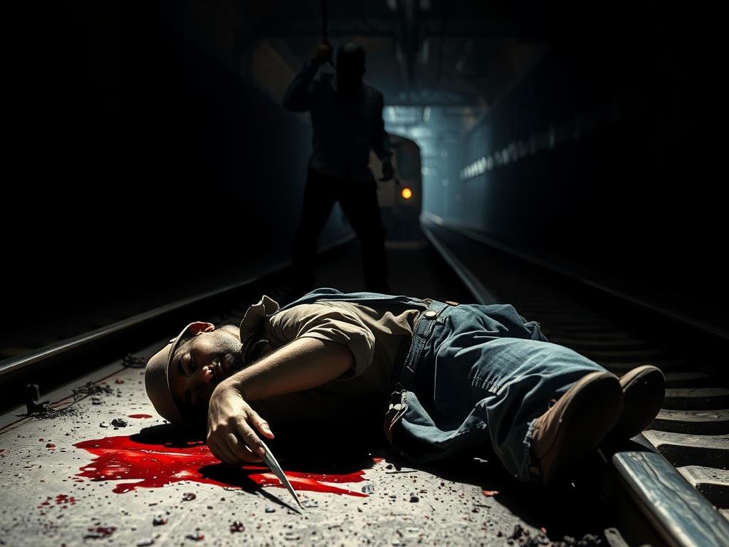 A gritty, chiaroscuro-style scene set on the dimly lit subway tracks in Crown Heights, Brooklyn. In the foreground, a fallen worker lies prone, his arm slashed, as blood pools around him. The harsh lighting casts deep shadows, creating a tense, dramatic atmosphere. In the middle ground, a shadowy figure stands over the victim, a sharp blade in hand. The background is a blur of concrete walls and the distant rumble of an approaching train. The overall mood is one of violence, danger, and a sense of impending doom.
