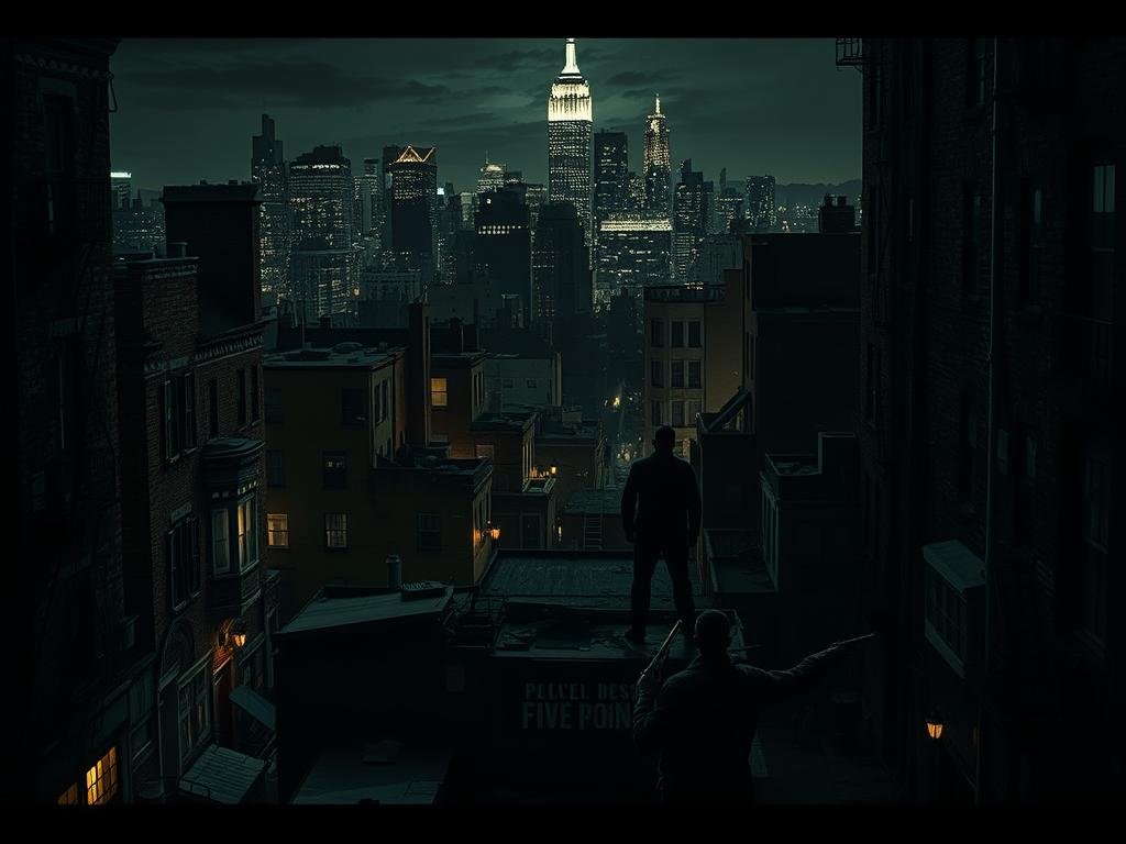 A gritty cityscape, the historical Five Points neighborhood in the foreground, a tangle of decrepit tenements and dark alleyways. In the middle ground, the shadowy figures of a modern NYC gang, brandishing weapons and making deals amidst the urban decay. The background lit by the ominous glow of the Manhattan skyline, a stark contrast between past and present. Dramatic chiaroscuro lighting casts dramatic shadows, heightening the sense of danger and foreboding. The overall tone is one of urban blight, violence, and the cycle of crime that has haunted this city for generations.