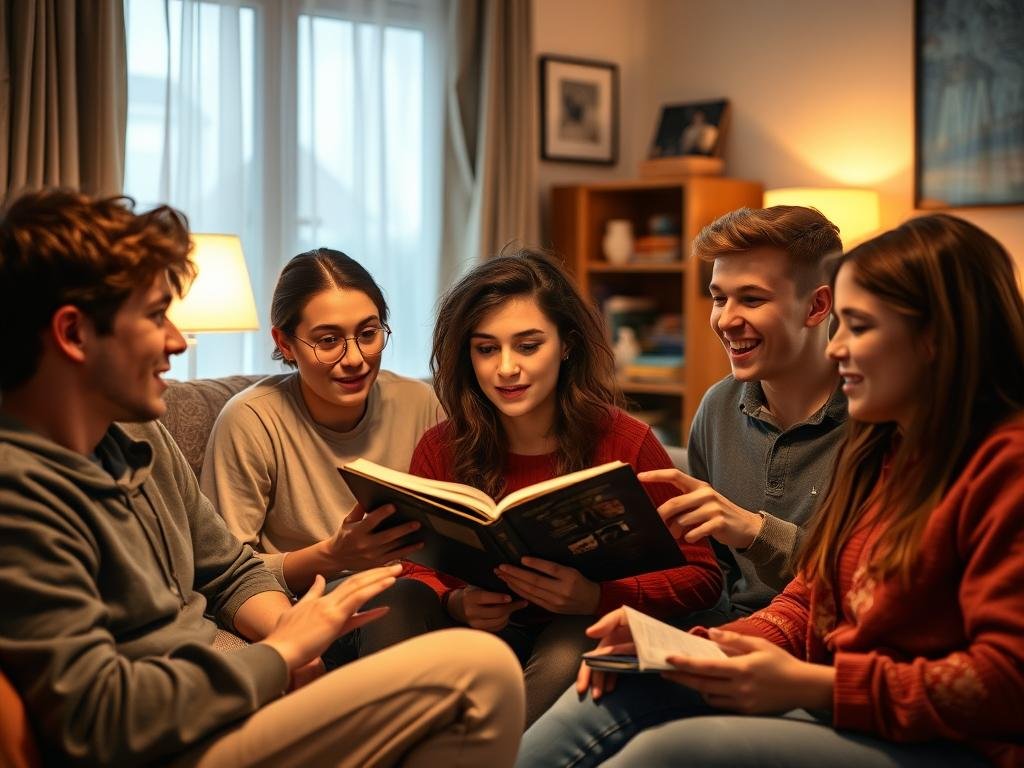 A group of Gen Z and teen friends, gathered in a cozy living room, engrossed in animated discussion. Soft, warm lighting casts a inviting glow, as they share stories and experiences that resonate deeply with their generation. Expressions range from earnest contemplation to vibrant enthusiasm, reflecting the profound personal connections they feel to the narratives that captivate them. In the background, hints of familiar pop culture references and technology subtly hint at the digital-native world they inhabit. An intimate, relatable scene that captures the way these young people find kinship and meaning in the stories that speak to their unique perspectives and challenges.