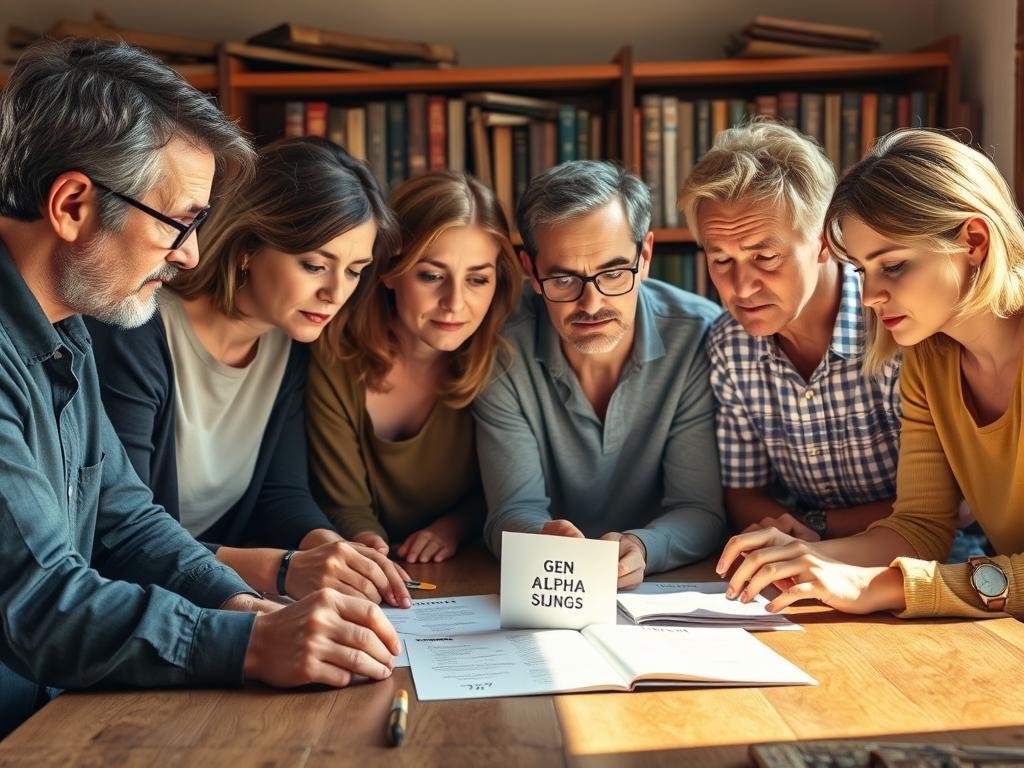A group of concerned parents and educators gathered around a table, intently studying a collection of Gen Alpha slang terms. Warm, natural lighting floods the scene, casting a thoughtful glow. They lean in, brows furrowed, as they decipher the meaning behind words like "clanker," "67," and "crashout." Their expressions reflect a mix of curiosity and a desire to understand this evolving digital vernacular, without overreacting. The setting exudes a sense of open dialogue and a shared commitment to connect with the younger generation. Subtle details, like the worn wooden table and the aged textbooks in the background, lend an air of experience and wisdom to the scene.