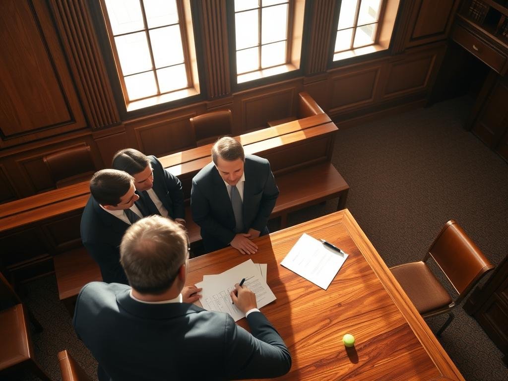 A high-angle view of a courtroom interior, sunlight streaming through tall windows onto a wooden bench and table. On the table, legal documents, a pen, and a timeline chart detailing the steps in a legal strategy after an arraignment. In the foreground, a legal team confers intently, their expressions serious as they plan their next moves. The atmosphere is one of focused determination, the mood solemn yet purposeful, as they navigate the complexities of the judicial process.