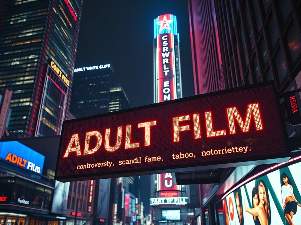 A high-contrast, cinematic image of a neon-lit urban cityscape at night, with skyscrapers and billboards prominently featured. In the foreground, a large LED screen displays the words "ADULT FILM" in bold, stylized lettering, while smaller text around it lists various "public interest keywords" related to the adult entertainment industry, such as "controversy", "scandal", "fame", "taboo", and "notoriety". The scene conveys a sense of the broader cultural and social context surrounding the adult film world, with the bright, attention-grabbing visuals reflecting the public's fascination and interest in this world.