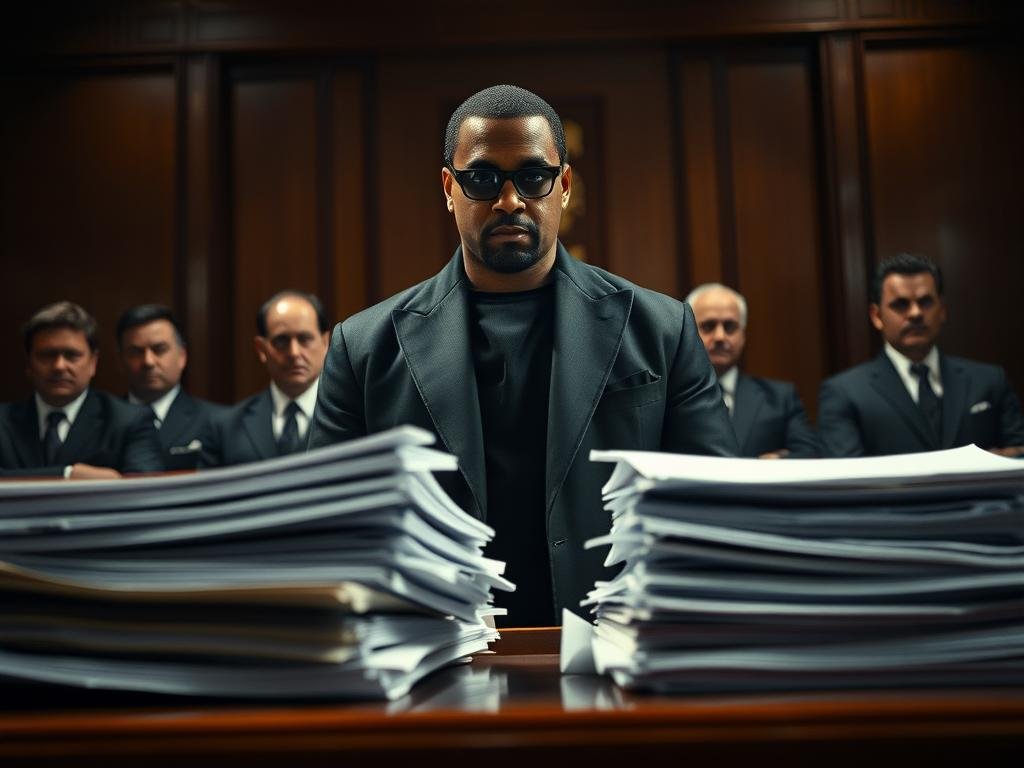 A high-contrast, cinematic photograph of Sean "Diddy" Combs standing in a dimly lit courtroom, his face etched with determination as he faces a panel of stern-faced judges. The ambient lighting casts dramatic shadows, emphasizing the gravity of the legal proceedings. In the foreground, stacks of legal documents and folders are strewn across the mahogany table, hinting at the complexities of Diddy's ongoing legal battles. The background is blurred, drawing the viewer's focus to the central figure, whose steely gaze conveys the weight of the situation. The overall mood is one of high-stakes tension, reflecting the current status of Diddy's legal challenges.