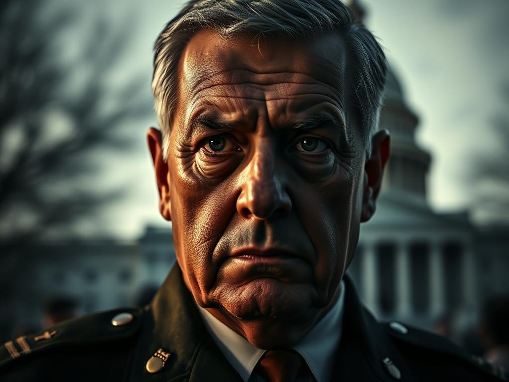 A high-contrast, cinematic portrait of retired U.S. Army General Mark Milley, his face etched with a solemn expression, set against a blurred backdrop of the U.S. Capitol building on January 6th, 2021. Dramatic lighting casts dramatic shadows, evoking a sense of gravity and the weight of his pardon decision amidst the tumultuous events of that day. The composition emphasizes Milley's pensive gaze, conveying the complex moral and political dilemma he faced in that moment.