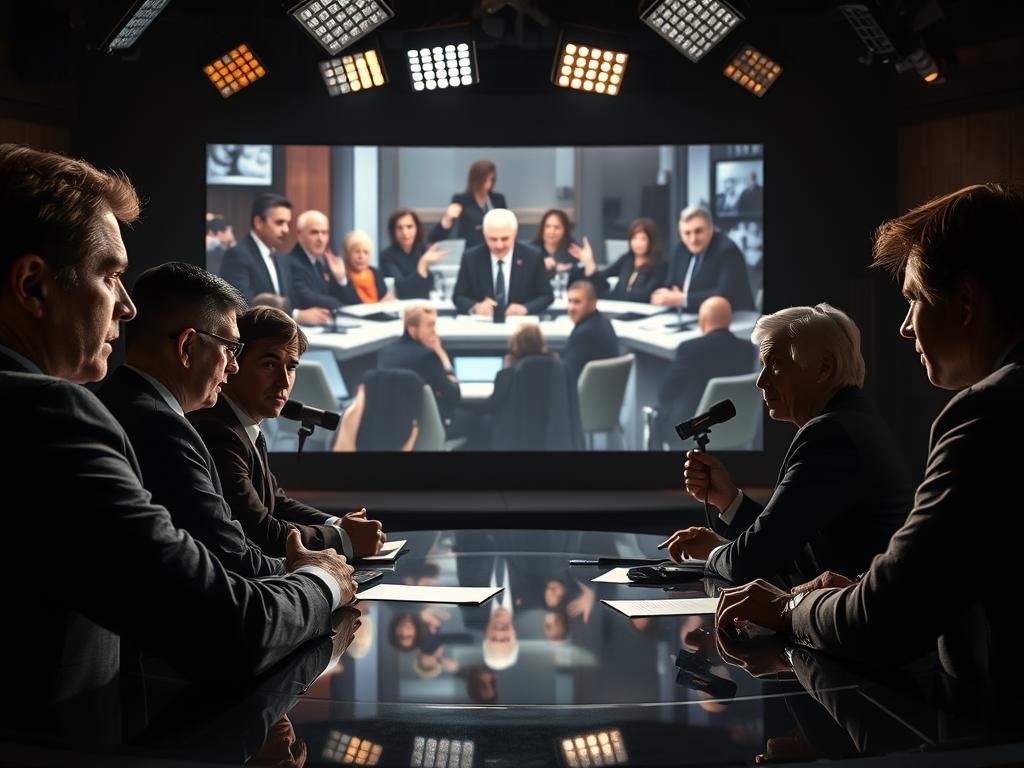 A high-contrast documentary-style image of a news broadcast set, with a panel of journalists in the foreground discussing explosive allegations, their expressions serious and intense. In the background, a large screen displays dramatic footage, perhaps of a press conference or investigative report. Dramatic lighting casts deep shadows, creating a sense of tension and urgency. The camera angles are dynamic, with a combination of close-ups and wider shots to emphasize the gravity of the situation. The overall tone is one of revelations and responses, capturing the essence of the "Documentary revelations: allegations and responses" theme.