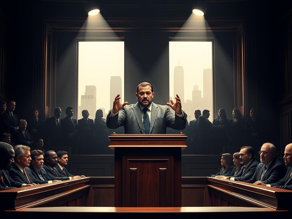 A high-contrast, gritty courtroom scene with a witness stand in the foreground, illuminated by harsh, dramatic lighting from above. The witness stand is surrounded by somber-faced spectators and court officials in formal attire. In the middle ground, a larger-than-life figure stands at the podium, gesticulating passionately as they deliver impassioned testimony, their face intense and focused. The background is hazy, with the silhouettes of skyscrapers visible through the windows, suggesting an urban setting. The overall mood is tense, charged, and confrontational, reflecting the gravity of the "claims from the stand" being made.