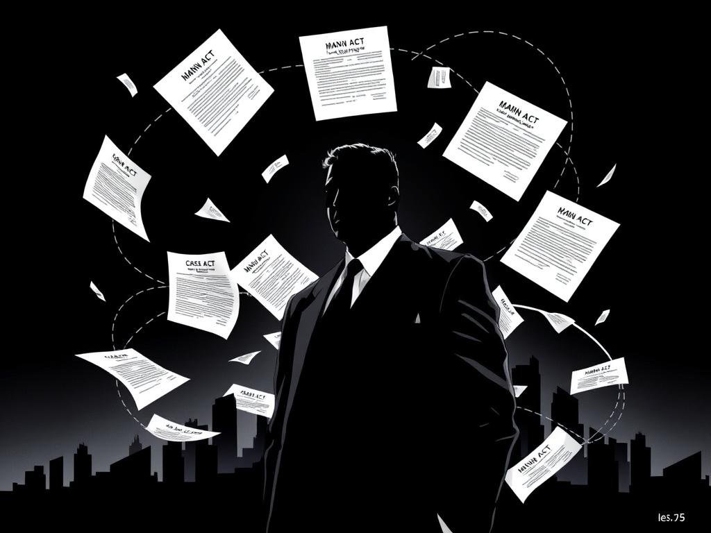 A high-contrast illustration showcasing the legal charges against a prominent figure. In the foreground, a silhouette of a man stands resolute, with the Mann Act and racketeering accusations swirling around him in a web of legal documents and case files. The middle ground features a sharp, angular cityscape, hinting at the complex urban landscape in which these charges have unfolded. The background is shrouded in a moody chiaroscuro, emphasizing the gravity and seriousness of the situation. The overall aesthetic evokes a sense of tension, mystery, and the weight of the law bearing down on the central figure.