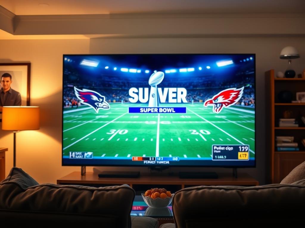 A high-definition, cinematic TV screen displaying the live broadcast of the Super Bowl game, with the teams' logos and score prominently featured. The screen is placed in a cozy, well-lit living room setting, with a comfortable couch and a coffee table in the foreground. The room has warm, inviting lighting, creating a sense of excitement and anticipation for the big game. The camera angle is slightly elevated, giving a clear view of the TV screen and the surrounding environment. The overall mood is one of gathering with friends and family to watch the highly anticipated annual sporting event.
