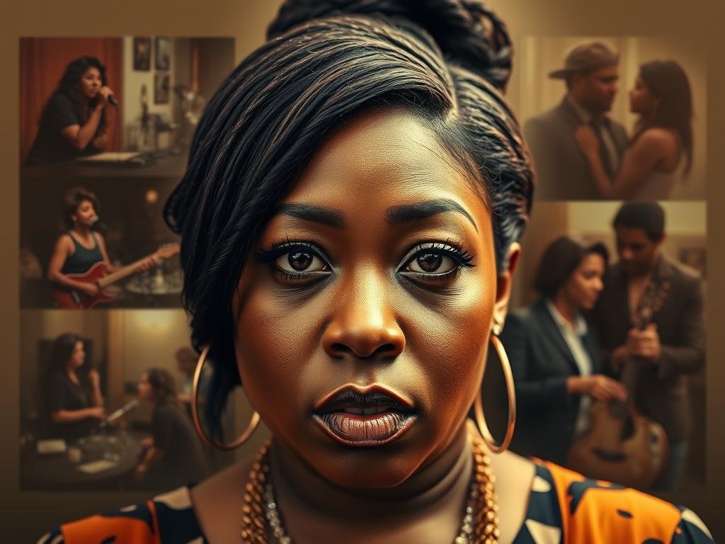 A high-resolution, photorealistic image of Remy Ma's background, capturing her multifaceted life and career. In the foreground, a close-up portrait of Remy Ma, her expression pensive and thoughtful, conveying the weight of her past legal issues. The middle ground depicts scenes from her music career - recording sessions, live performances, and industry events, showcasing her talent and resilience. In the background, an intimate glimpse into her family life, with images of her husband Papoose and their children, radiating a sense of love and support. The lighting is soft and warm, creating a contemplative and introspective mood, inviting the viewer to explore the depths of Remy Ma's remarkable story.
